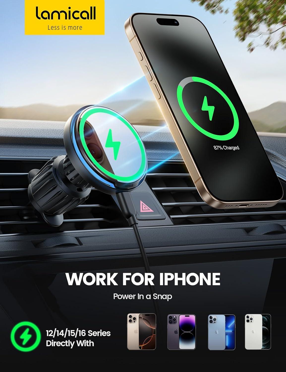 imageLamicall 15W for Magsafe Car Mount Charger  AutoOff LED Wireless Car Phone Holder Vent Dashboard HandsFree Magnetic Phone Holder for Car Charging for iPhone 17 Air Pro Max Plus 16 15 14 13 12Black