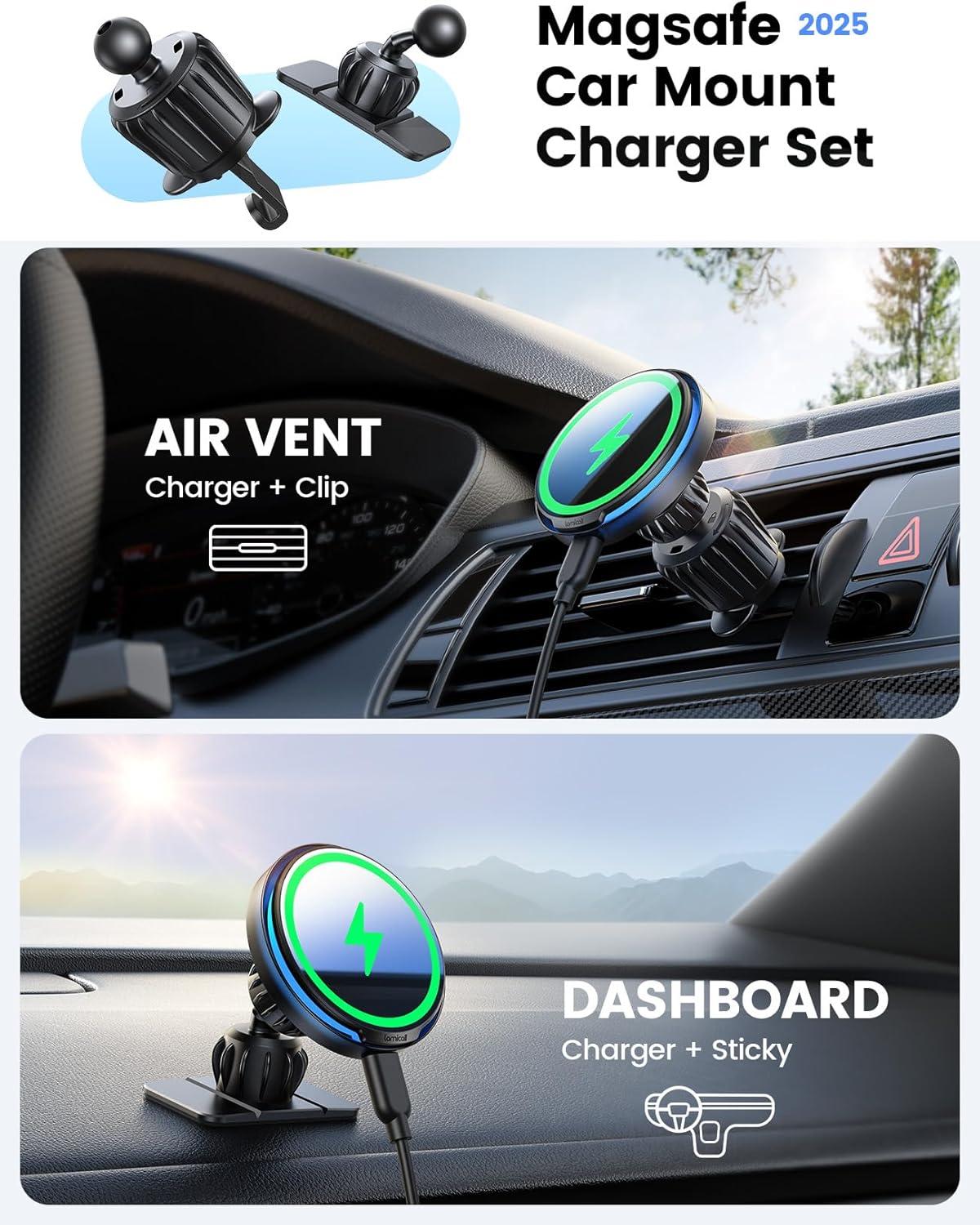 imageLamicall 15W for Magsafe Car Mount Charger  AutoOff LED Wireless Car Phone Holder Vent Dashboard HandsFree Magnetic Phone Holder for Car Charging for iPhone 17 Air Pro Max Plus 16 15 14 13 12Black