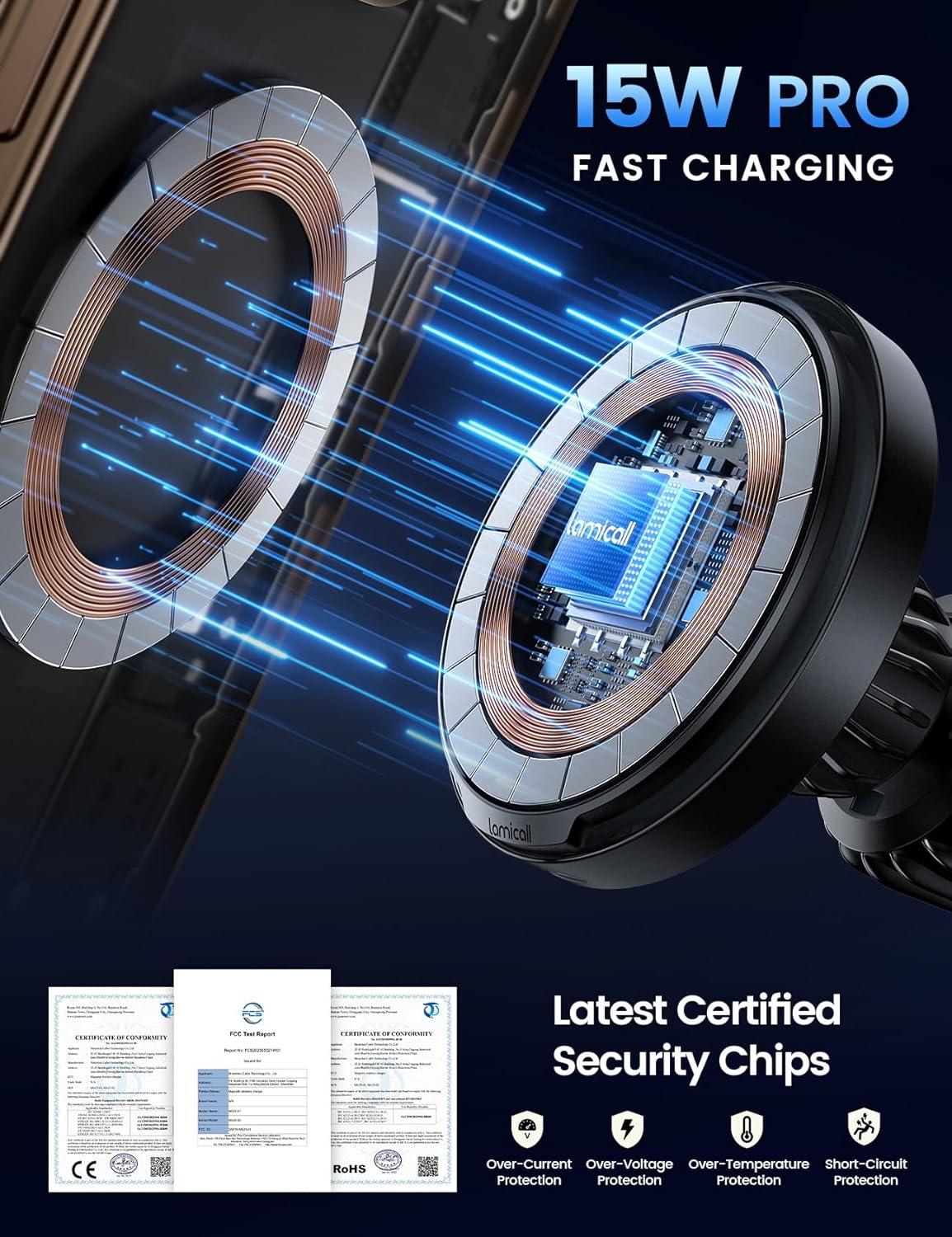 imageLamicall 15W for Magsafe Car Mount Charger  AutoOff LED Wireless Car Phone Holder Vent Dashboard HandsFree Magnetic Phone Holder for Car Charging for iPhone 17 Air Pro Max Plus 16 15 14 13 12Black