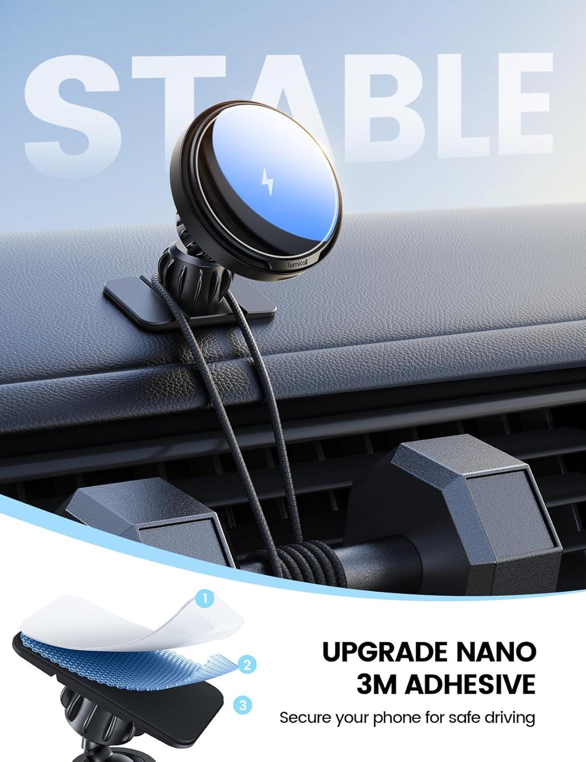 imageLamicall 15W for Magsafe Car Mount Charger  AutoOff LED Wireless Car Phone Holder Vent Dashboard HandsFree Magnetic Phone Holder for Car Charging for iPhone 17 Air Pro Max Plus 16 15 14 13 12Black