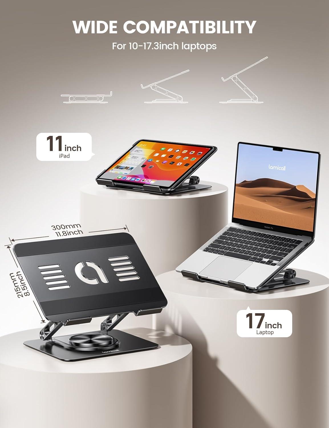 imageLamicall Adjustable Laptop Stand for Desk  360 Rotating Base Ergonomic Computer Stand Aluminum Laptop Riser Foldable Protable for Office Home fits MacBook Air Pro Dell HP 10173  BlackBlack