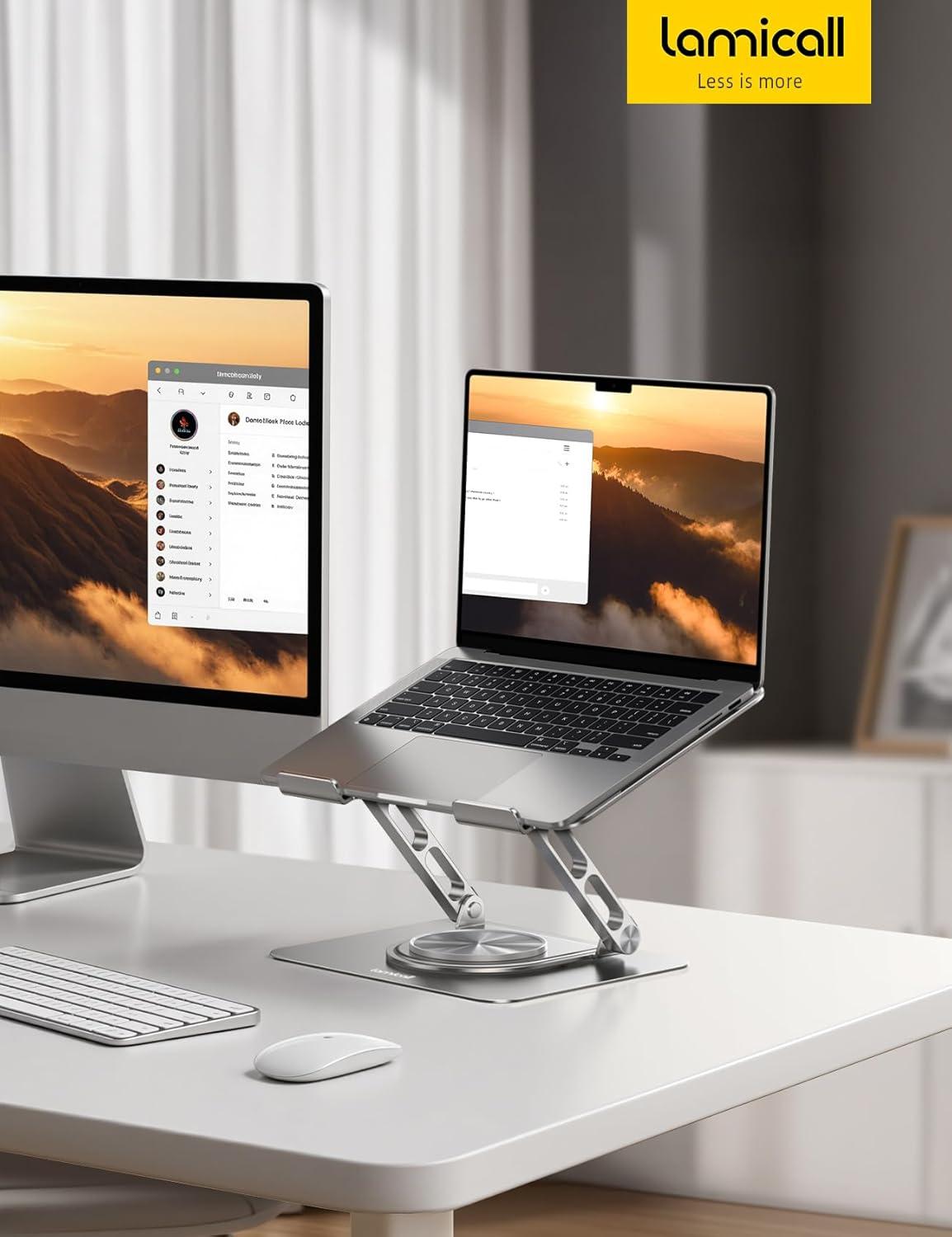 imageLamicall Adjustable Laptop Stand for Desk  360 Rotating Base Ergonomic Computer Stand Aluminum Laptop Riser Foldable Protable for Office Home fits MacBook Air Pro Dell HP 10173  BlackNEW Upgraded  Silver