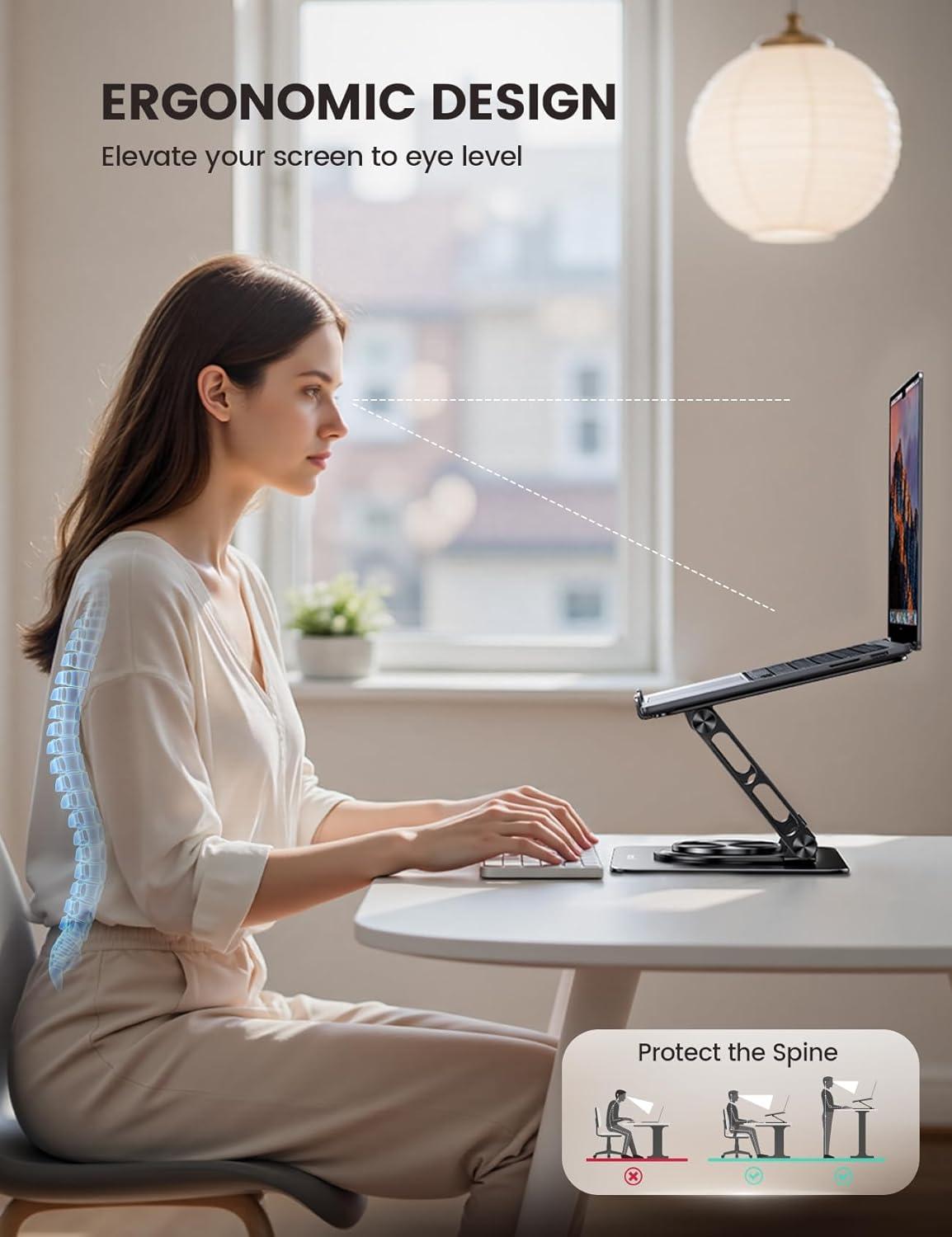 imageLamicall Adjustable Laptop Stand for Desk  360 Rotating Base Ergonomic Computer Stand Aluminum Laptop Riser Foldable Protable for Office Home fits MacBook Air Pro Dell HP 10173  BlackBlack