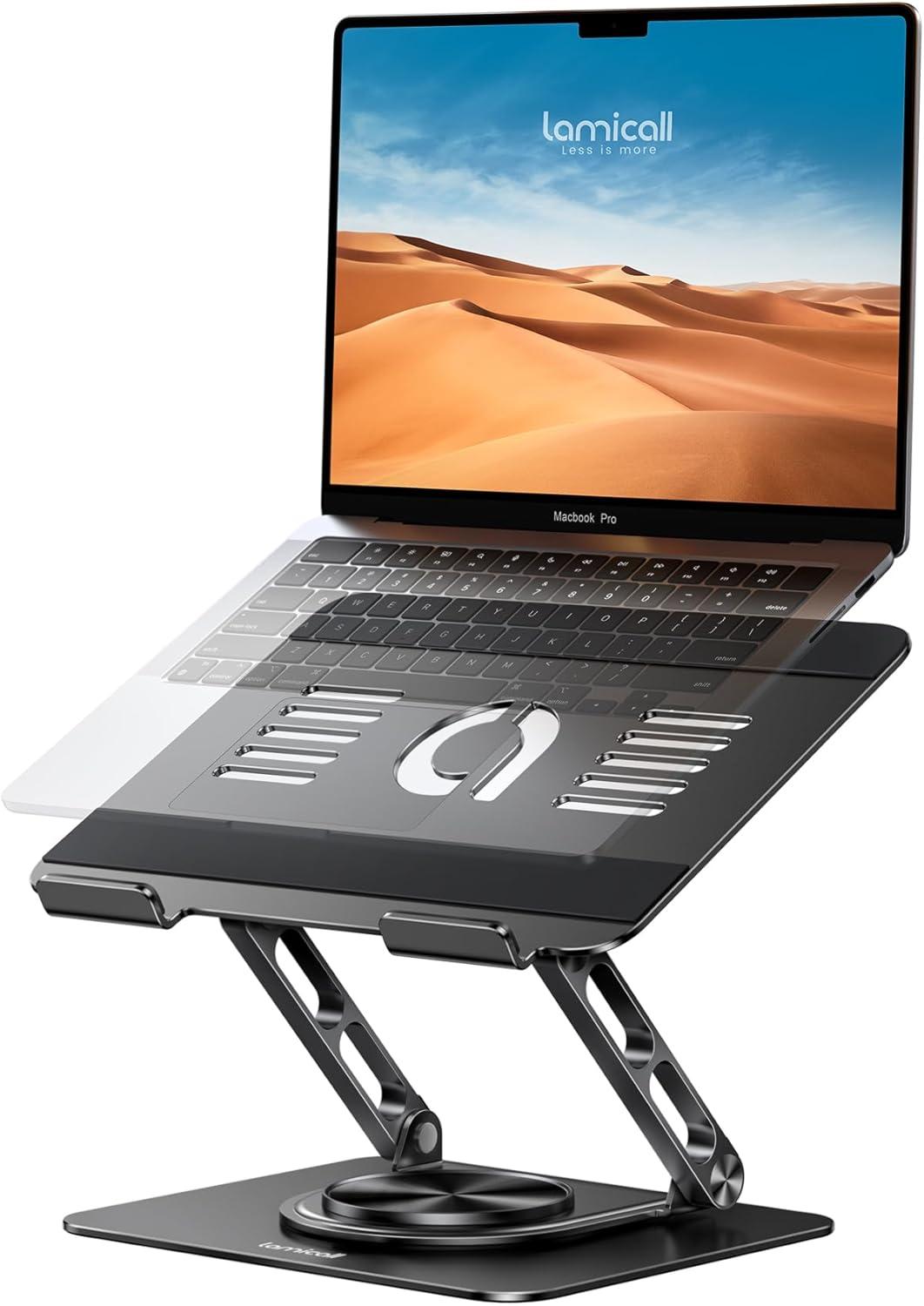 imageLamicall Adjustable Laptop Stand for Desk  360 Rotating Base Ergonomic Computer Stand Aluminum Laptop Riser Foldable Protable for Office Home fits MacBook Air Pro Dell HP 10173  BlackBlack