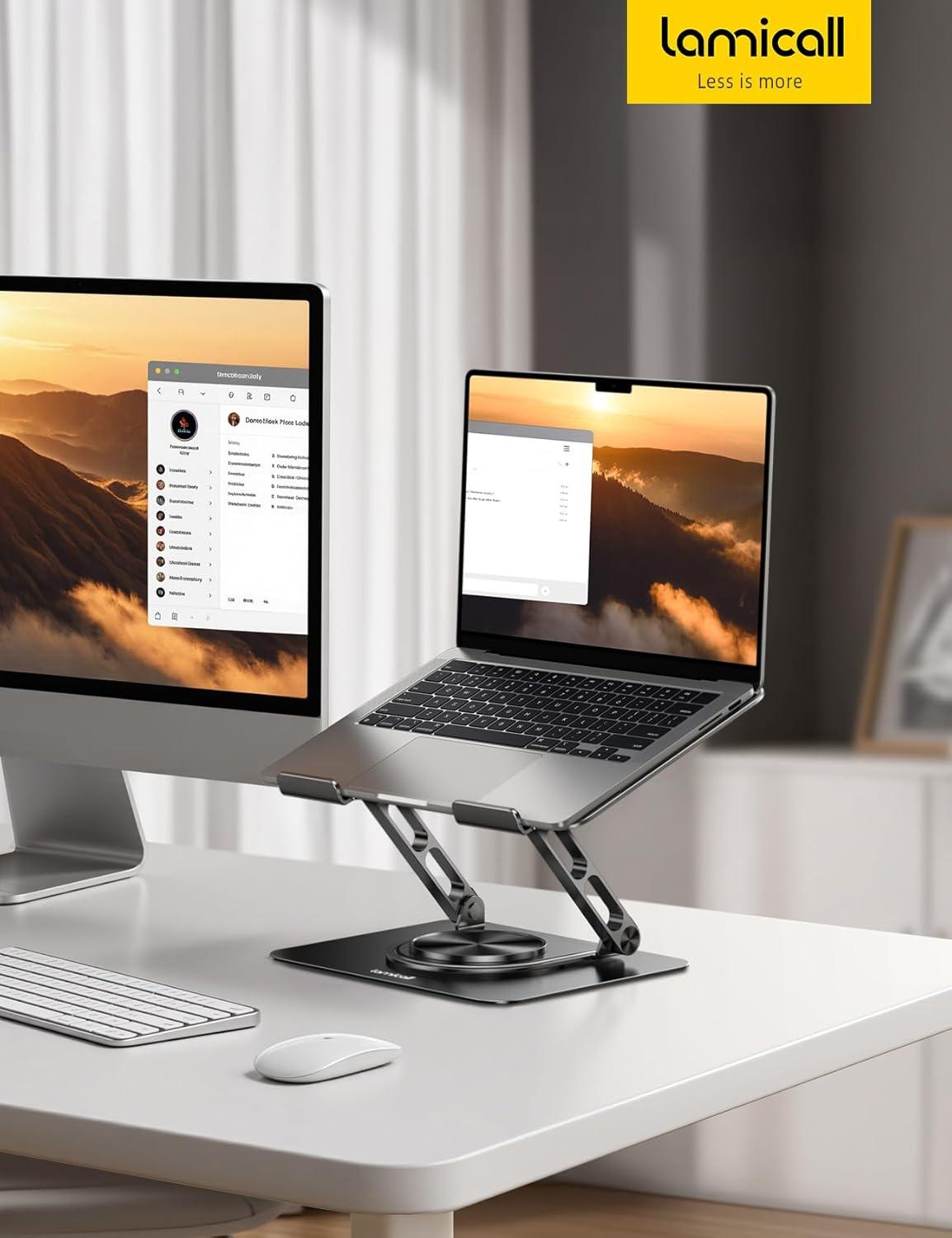 imageLamicall Adjustable Laptop Stand for Desk  360 Rotating Base Ergonomic Computer Stand Aluminum Laptop Riser Foldable Protable for Office Home fits MacBook Air Pro Dell HP 10173  BlackBlack