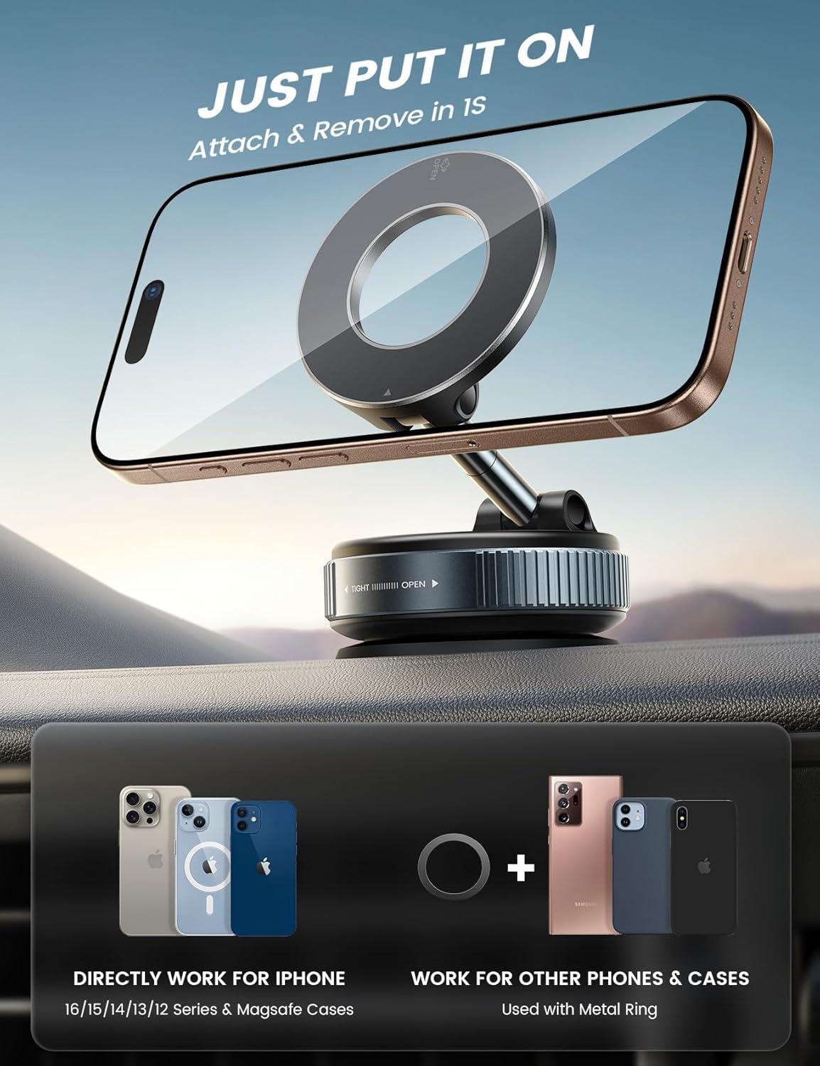 imageLamicall Car Phone Holder Mount  70 LBS Strongest Suction for Magsafe Car Mount 360 Adjustable Suction Cup Phone Mount Dashboard Windshield Vacuum Magnetic Phone Holder fit iPhone 17 16 Pro MaxBlack