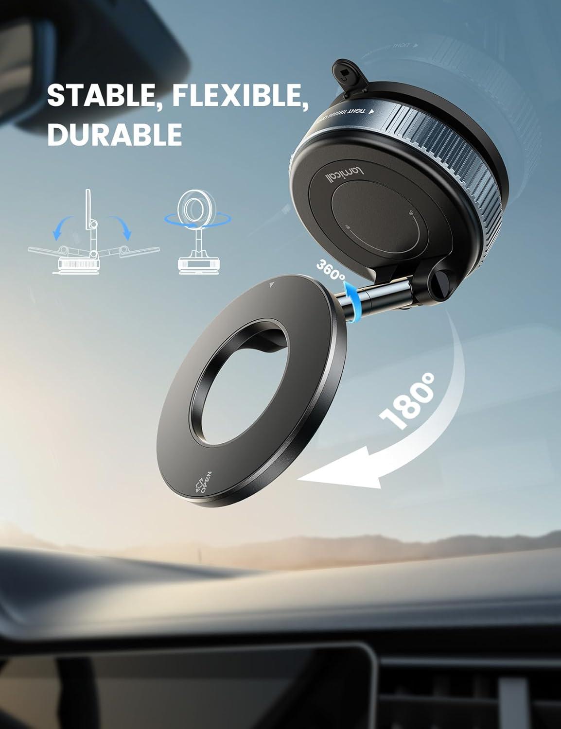 imageLamicall Car Phone Holder Mount  70 LBS Strongest Suction for Magsafe Car Mount 360 Adjustable Suction Cup Phone Mount Dashboard Windshield Vacuum Magnetic Phone Holder fit iPhone 17 16 Pro MaxBlack