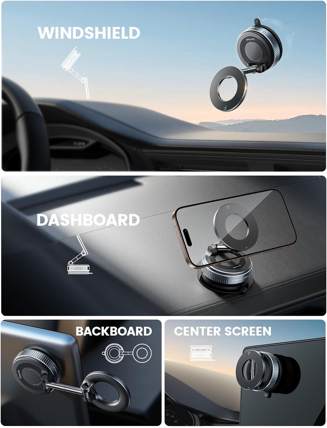 imageLamicall Car Phone Holder Mount  70 LBS Strongest Suction for Magsafe Car Mount 360 Adjustable Suction Cup Phone Mount Dashboard Windshield Vacuum Magnetic Phone Holder fit iPhone 17 16 Pro MaxBlack
