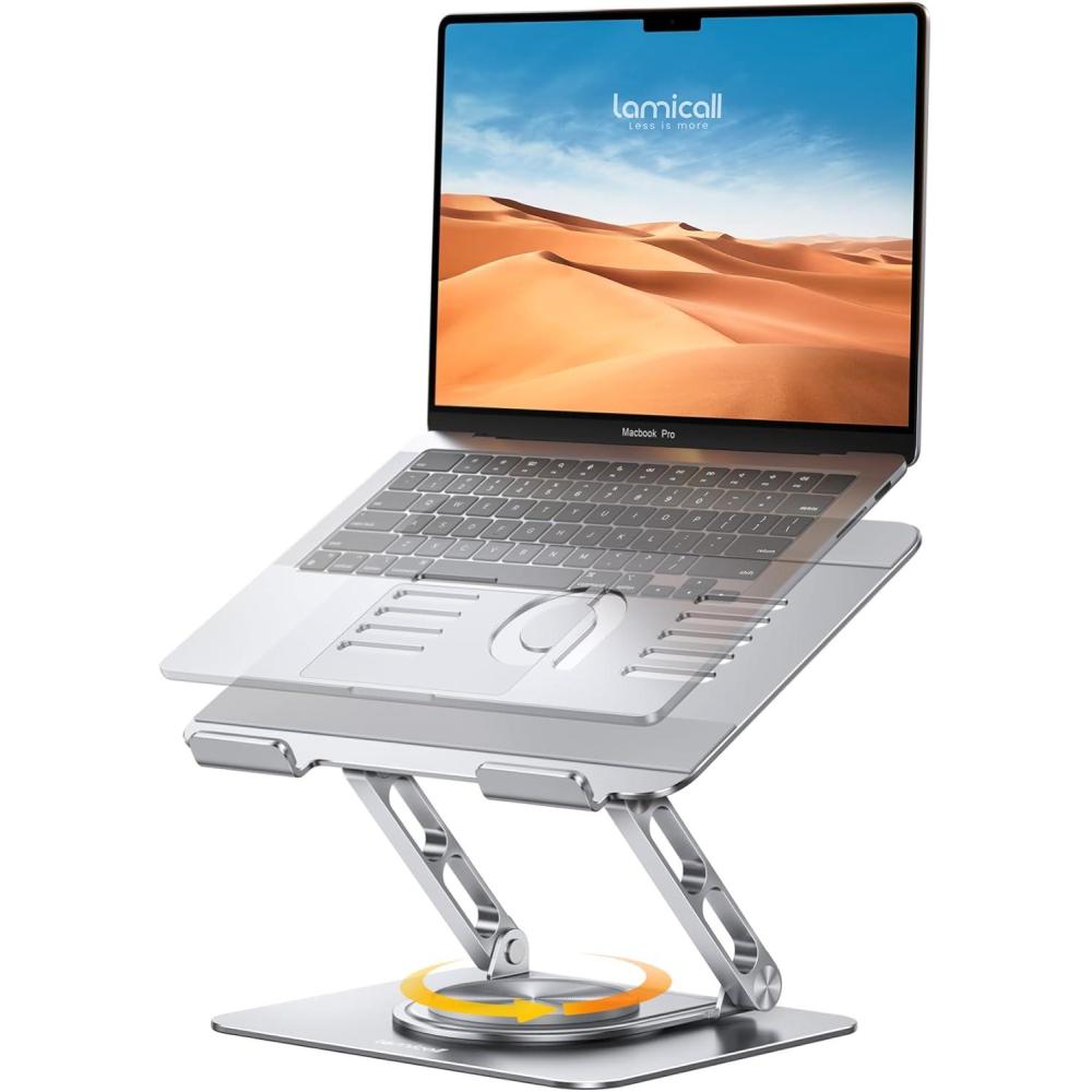 imageLamicall Adjustable Laptop Stand for Desk  360 Rotating Base Ergonomic Computer Stand Aluminum Laptop Riser Foldable Protable for Office Home fits MacBook Air Pro Dell HP 10173  BlackNEW Upgraded  Silver