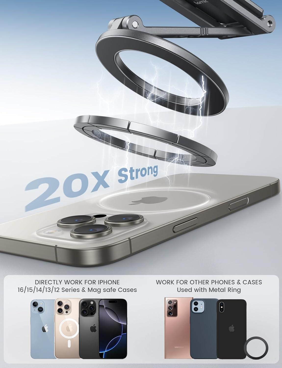 imageLamicall for Magsafe Tripod Stand  Triple Axis Foldable Aluminium Magnetic Tripod for iPhone Mini Selfie Stick with 14quot Screw Arca and Hook Cell Phone Stand fits iPhone Camera for Vlog Travel