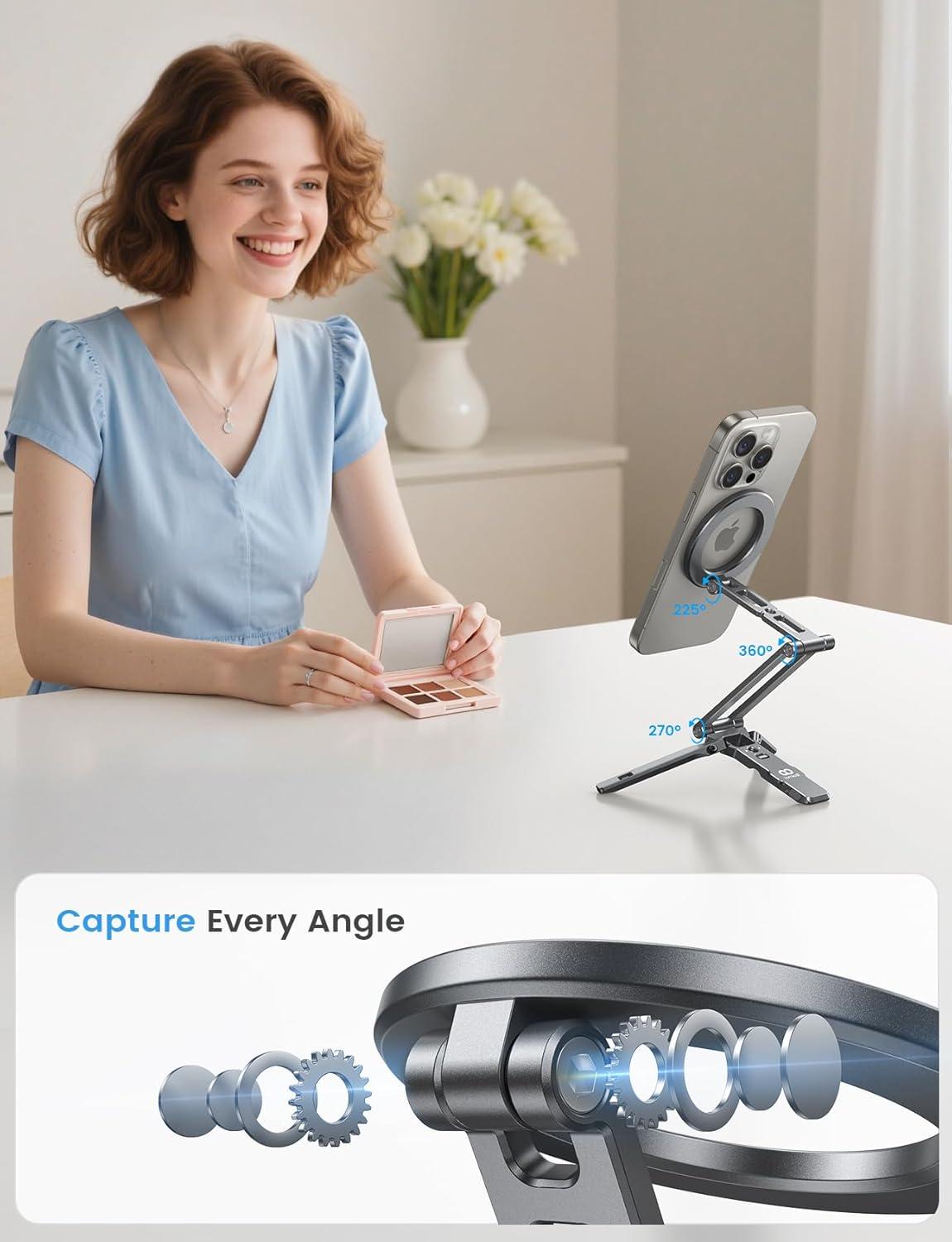 imageLamicall for Magsafe Tripod Stand  Triple Axis Foldable Aluminium Magnetic Tripod for iPhone Mini Selfie Stick with 14quot Screw Arca and Hook Cell Phone Stand fits iPhone Camera for Vlog Travel