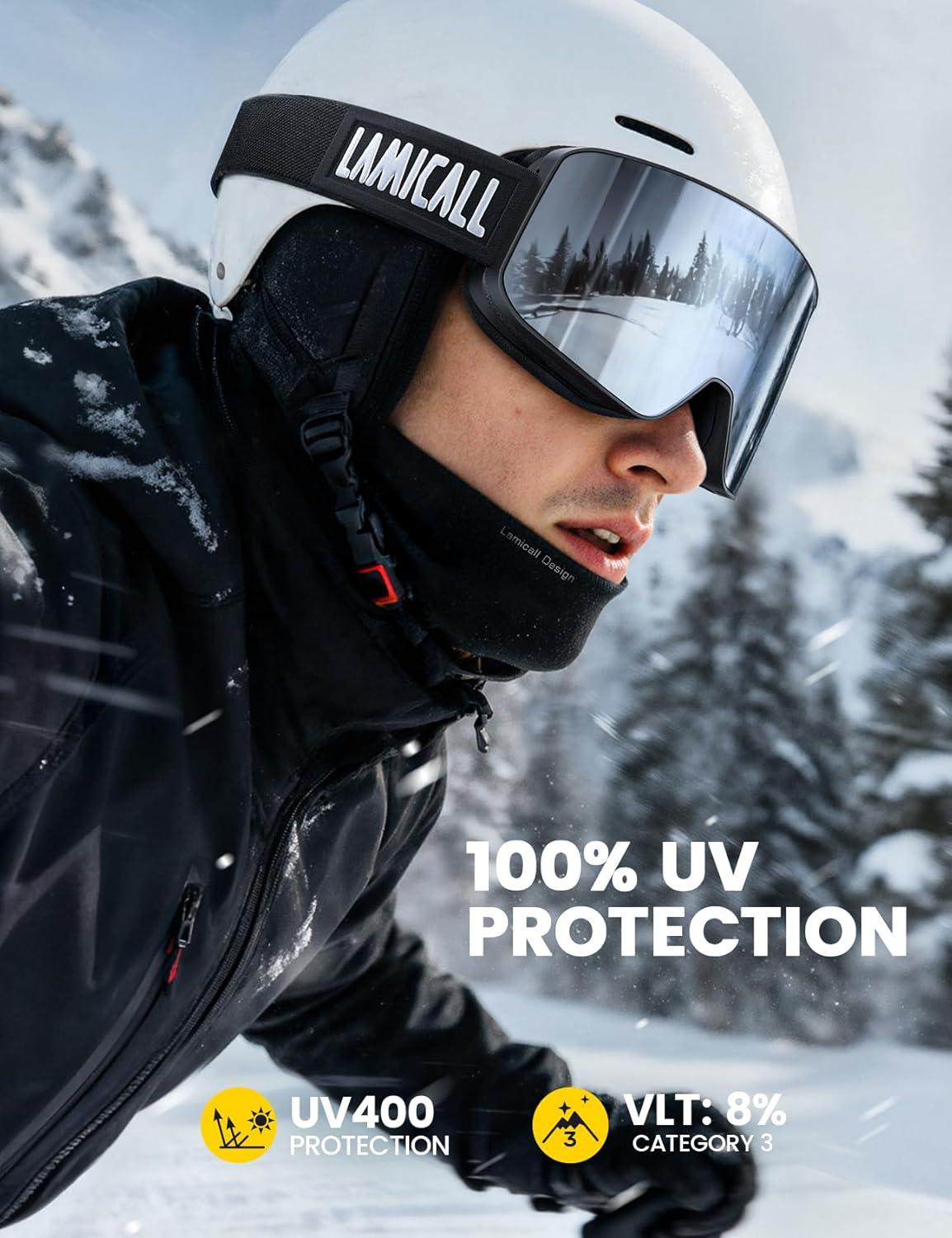 imageLamicall Ski Goggles with 3X AntiFog  100 UV Protection OTG ampamp Helmet for Men ampamp Women for Skiing Snowboard SnowmobileBlack Frame  Silver Lens