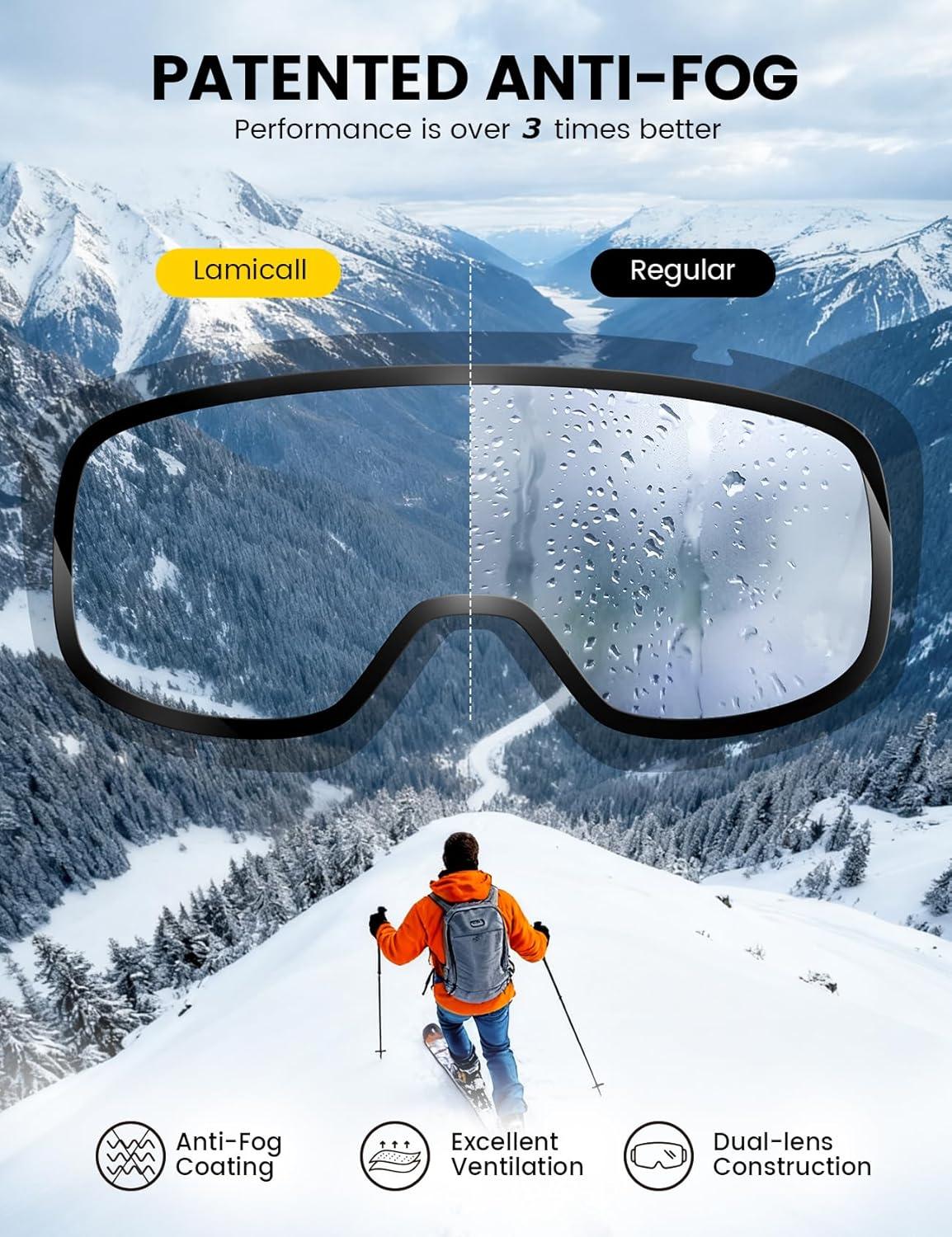 imageLamicall Ski Goggles with 3X AntiFog  100 UV Protection OTG ampamp Helmet for Men ampamp Women for Skiing Snowboard SnowmobileBlack Frame  Silver Lens